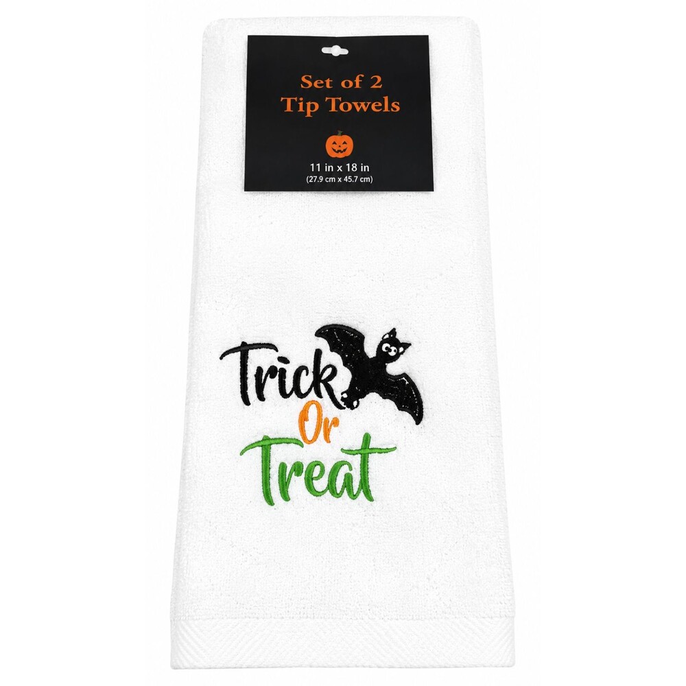 Halloween Bat Fingertip Towels Set of 2 White Embroidered Trick or Treat Bath